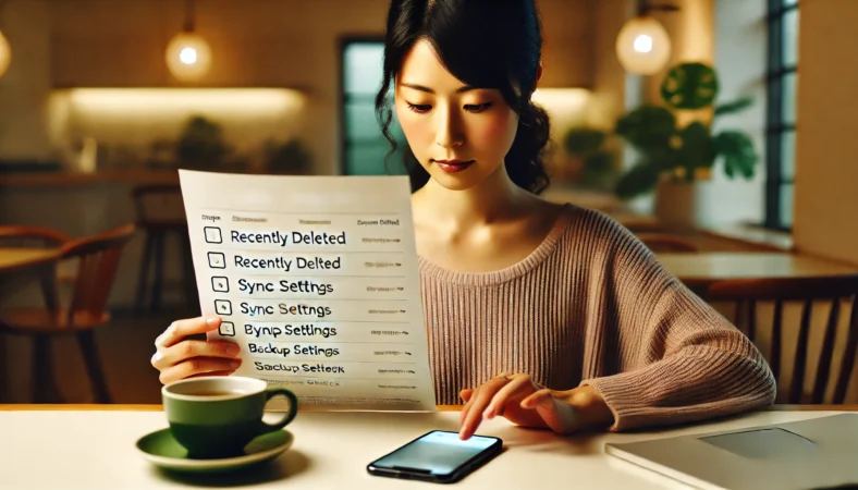 iPhoneのiCloudメモ復元手順を確認しながら操作している日本人女性が、整理された白いテーブルで落ち着いて作業している様子