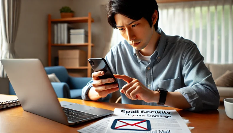 日本人男性がホームオフィスのデスクでiPhoneを手にし、iCloudメールの怪しいメールを警戒しながら確認している様子。フィッシング被害を未然に防ぐ意識を表す場面。