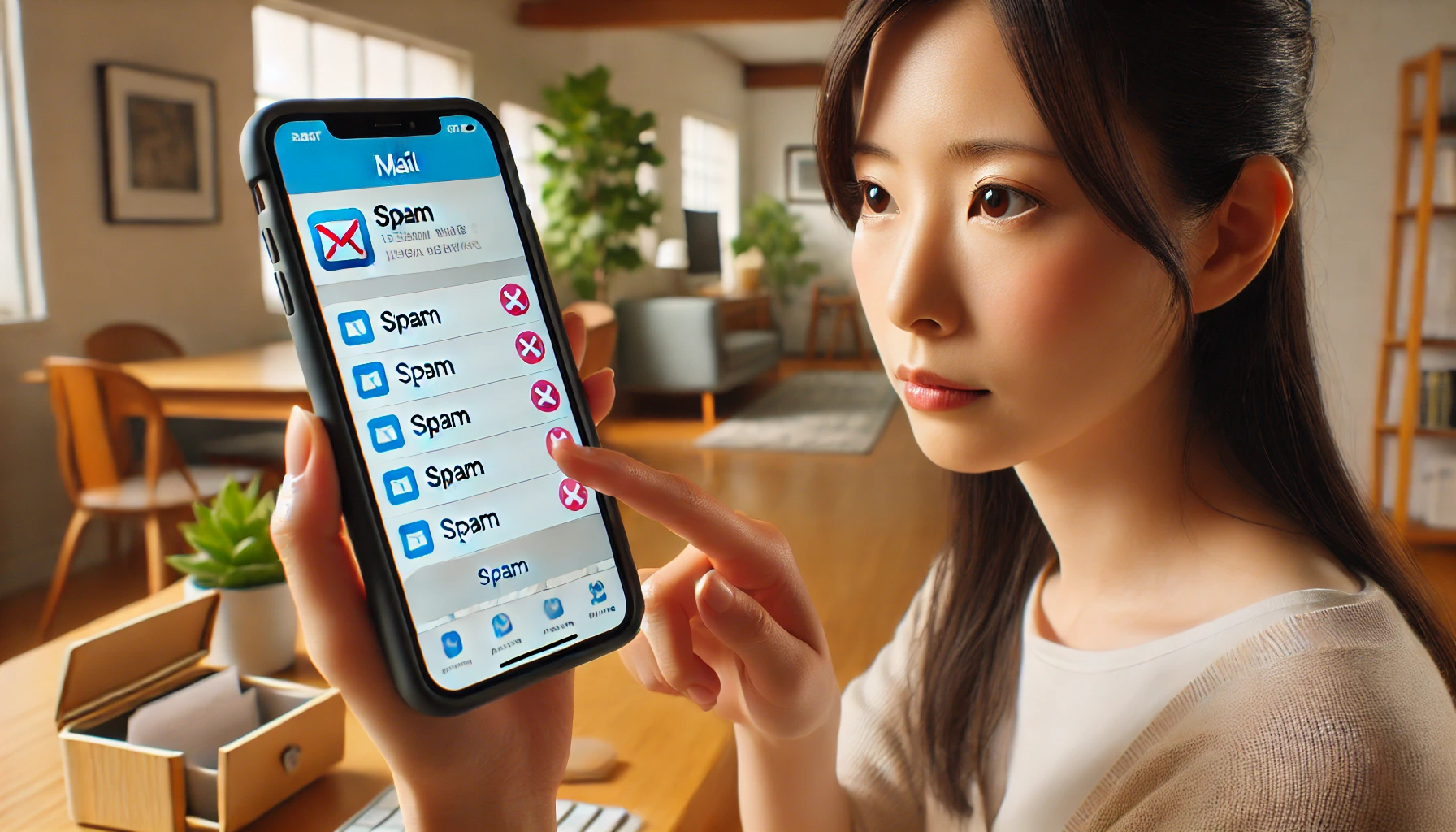 日本人女性が自宅のデスクでiPhoneを使い、iCloudメールアプリで迷惑メールを選択している様子。迷惑メール対策の一環としての場面。