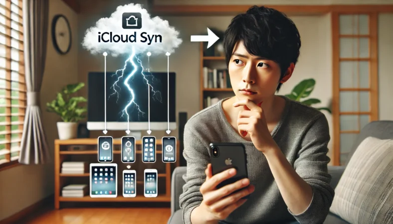 自宅でiPhoneを操作する日本人が、iCloud同期の終了を示すクラウドアイコンの視覚効果を背後に浮かべている。複数端末との切断を連想させる構図で、iCloudオフ時の挙動を視覚化している。