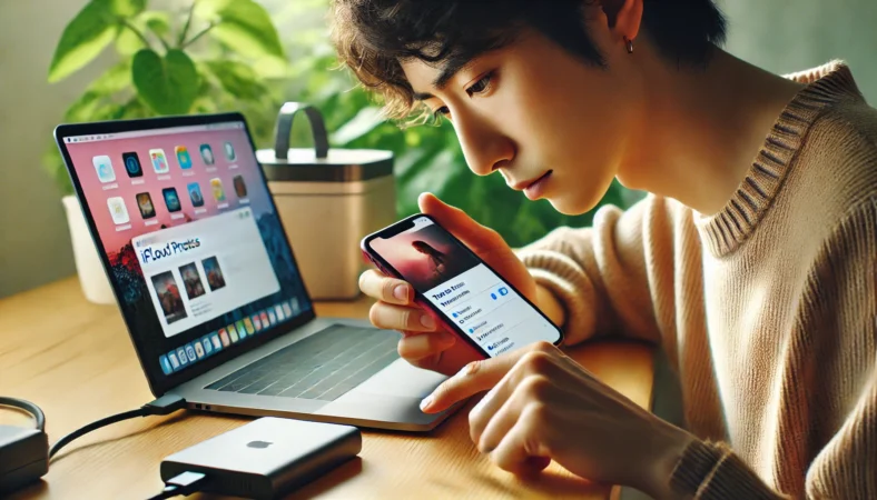 日本人がiPhoneのiCloud写真設定を確認しながら、外付けSSDともう1つのバックアップ機器を使って慎重に作業している様子。整った作業環境が、安全な手順と写真の保全を強調している。