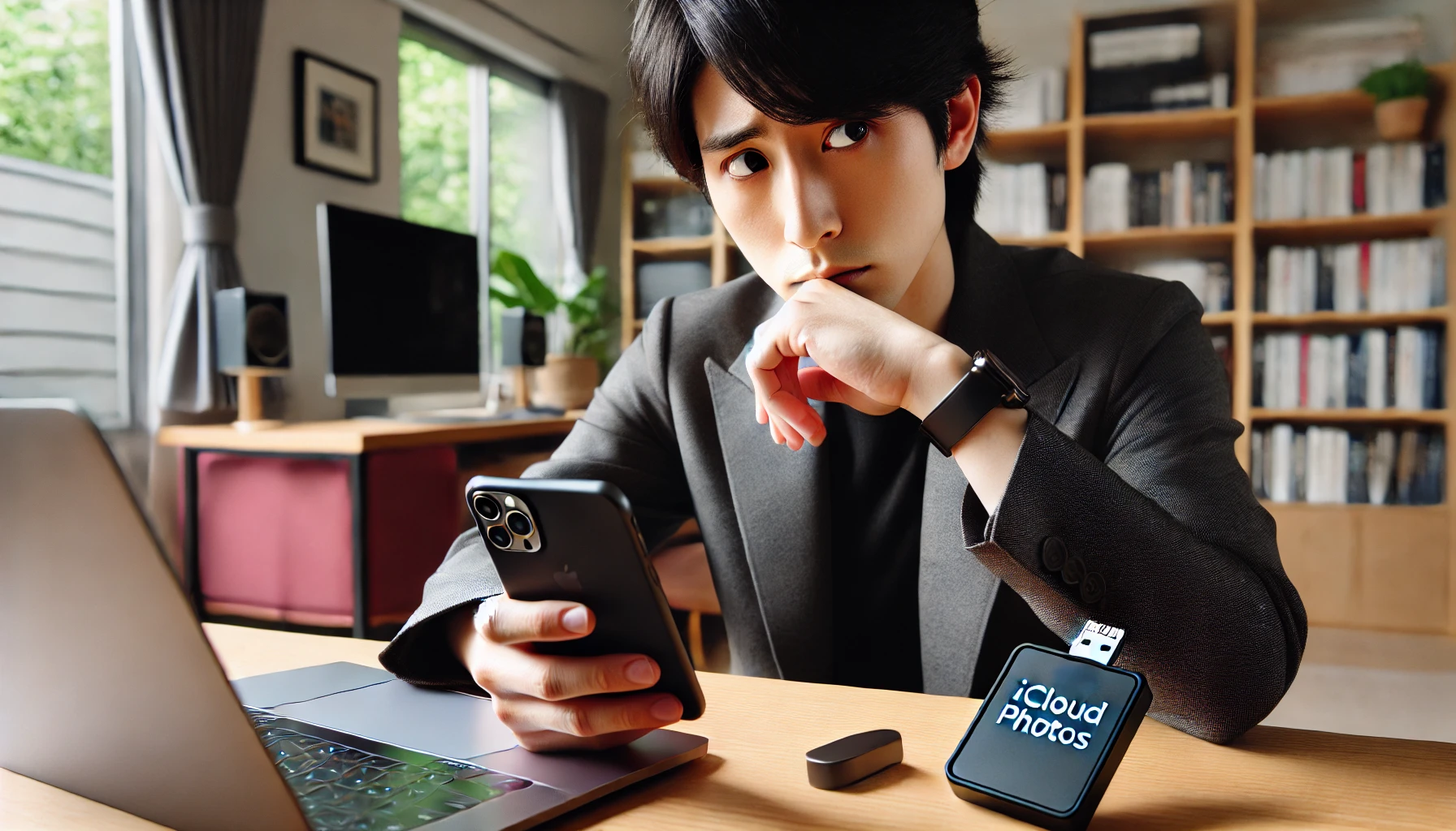 iPhoneを手に不安そうな表情を見せる日本人が、机上のSSDやフラッシュドライブを見つめながら、iCloud写真のオフ操作を検討している場面。自宅の落ち着いた室内環境が安全対策の重要性を示す。