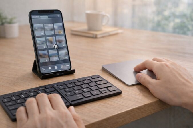 トラックパッドと折りたたみBluetoothキーボードでiPhoneのSafari操作と入力を快適化する作業環境イメージ