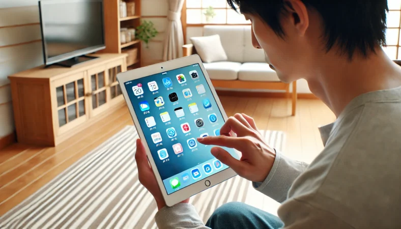 日本人の男性が明るいリビングでiPadを操作し、非表示アプリを探している様子。ホーム画面で検索操作を行っており、iPad画面にはアプリアイコンとフォルダが見える。