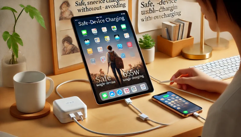 日本の室内で、iPadが65W USB-C充電器に単独接続され、安全に充電されているシーン。高品質なケーブルと通気性のある環境が強調され、安定した充電が行われている。