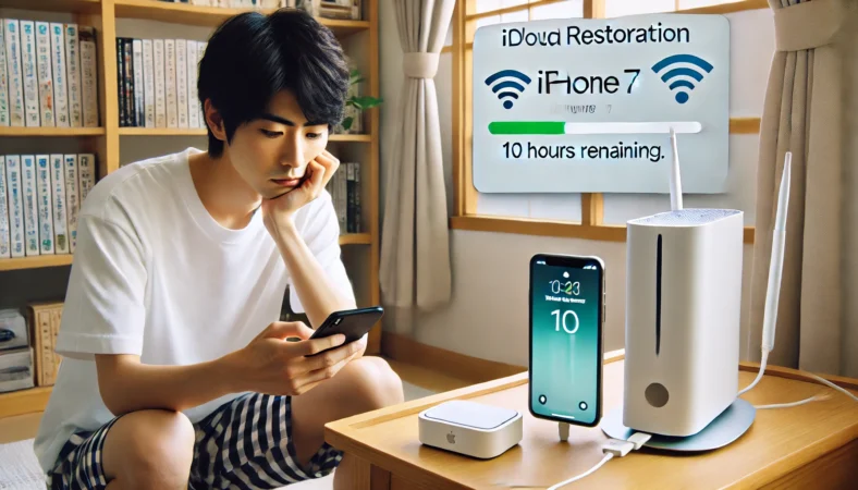 iPhone17でのiCloud復元が遅く、10時間の進捗バーに戸惑う日本人男性がWi-Fi 7ルーターのそばで復元状況を確認している様子。