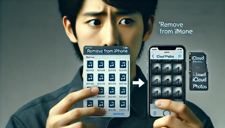 日本人ユーザーがiPhone上で「iPhoneから削除」オプションを選択し、画面から写真サムネイルが消えていく様子。隣に外付けSSDがあり、削除前にバックアップを取っていたことを示している。iCloud写真がオンの状態での削除リスクを表現。