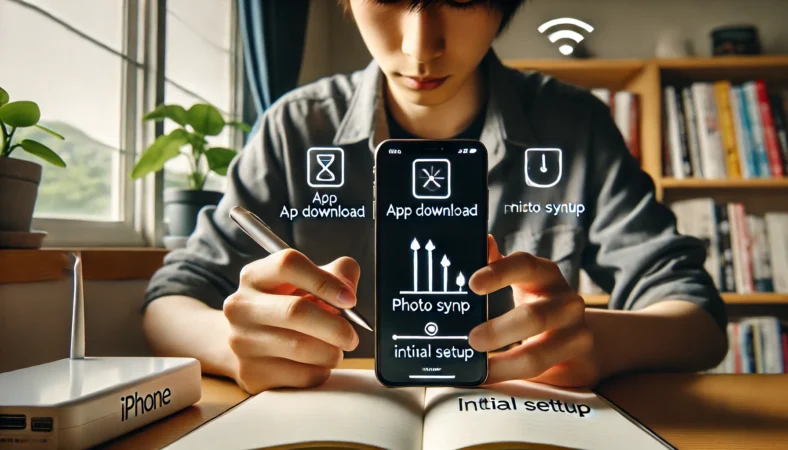iPhoneの復元工程を分析する日本人が、アプリ・写真・初期設定の遅れを象徴する画面を見ながらメモを取る様子。端末はWi-Fiと電源に接続されている。