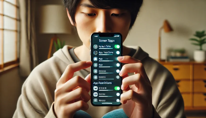 日本人の男性が和風の室内でiPhoneの「スクリーンタイム」設定やアプリの制限設定を確認している様子。スマホ画面には各種制限スイッチやアプリ一覧が表示され、集中した表情で操作を行っている。