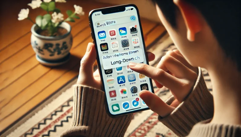 日本人の若者がiPhoneで非表示アプリを検索し、長押ししてホーム画面に追加する操作をしている様子。和風の落ち着いた室内で、スマートフォン画面にはアプリアイコンが表示されている。