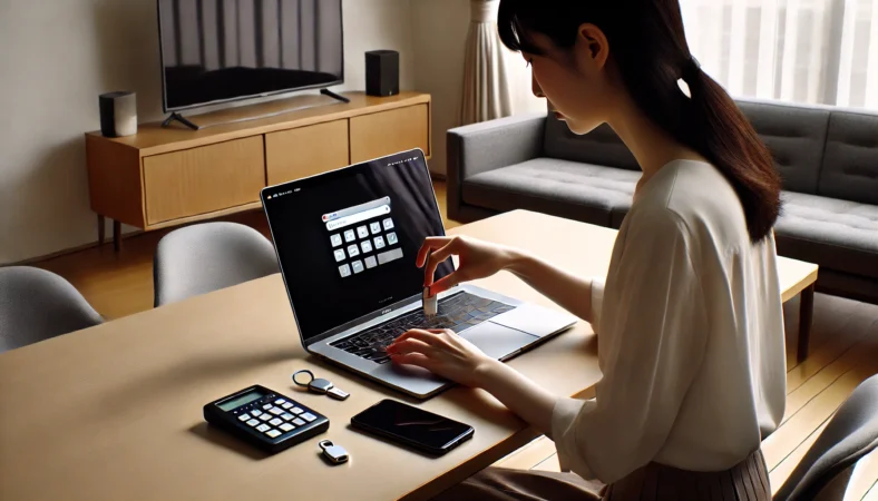 日本人女性がiPhoneのセキュリティ設定を見直しながら二段階認証と端末ロックを確認している様子