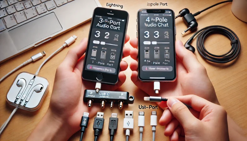 Lightning端子のiPhoneとUSB-C端子のiPhoneを持つ日本人ユーザーの手元のクローズアップ。周囲には3極・4極のイヤホンと変換アダプタが並び、Discord通話に必要な接続互換性を確認している様子。