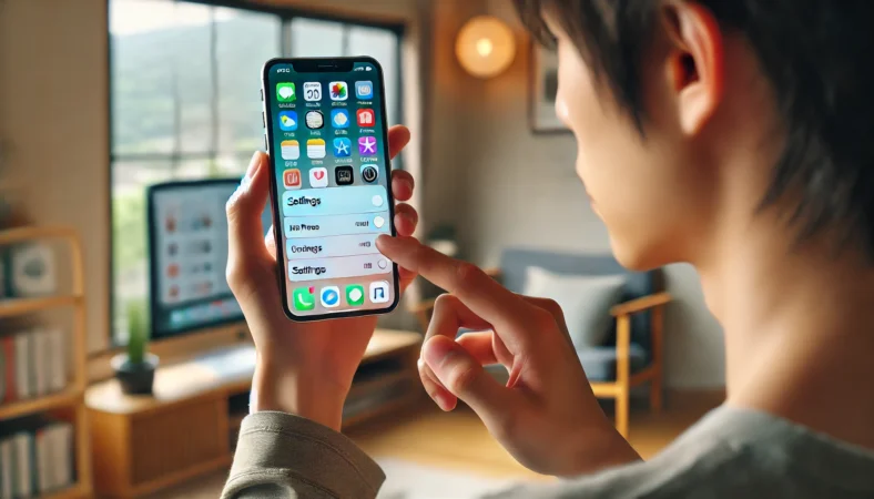 日本人の男性がiPhoneの設定画面を操作し、非表示アプリの解除を行っている様子。自然光の入る現代的な和室で落ち着いた雰囲気。スマホ画面にはアプリアイコンと設定画面の一部が表示されている。