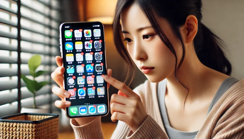 日本人女性がiPhoneのホーム画面でアプリを探しており、複数のフォルダを開いて非表示アプリを確認しようとしている様子。フォルダとアプリアイコンが画面に表示されている。