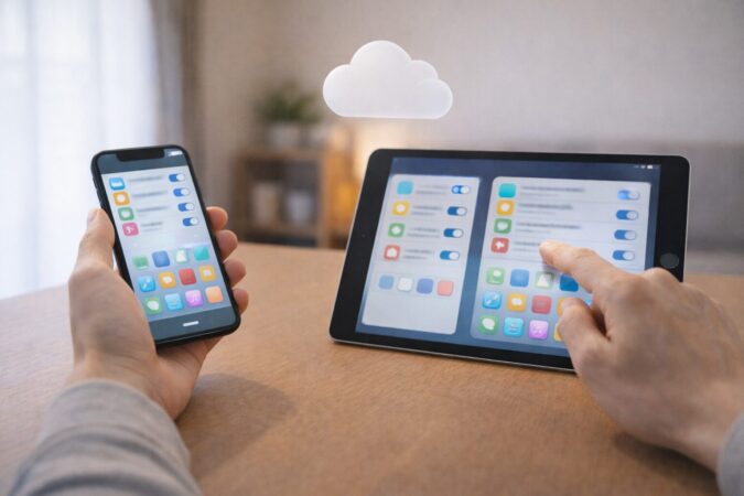 iPhoneとiPadの同期でアプリが増える原因を想定し、自動ダウンロード設定を確認する様子