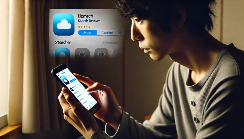 日本人男性がiPhoneのApp Storeで消えたアプリを検索し、雲マークが表示されたアプリの再インストールを検討している場面。落ち着いた室内で集中して画面を見ている。