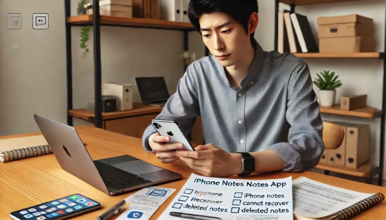 日本人男性がiPhoneと紙のチェックリストを見比べながら、iPhoneメモが復元できない原因を冷静に確認している様子。整理されたデスク環境。