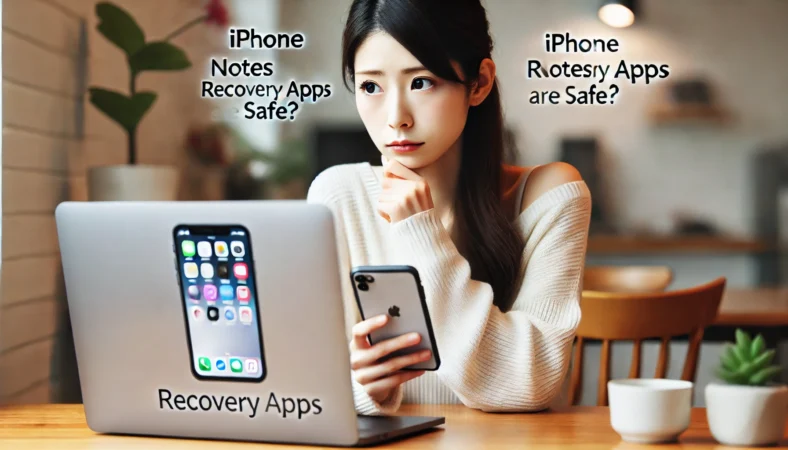 日本人女性がiPhoneを手にしながらノートパソコンで復元アプリの安全性を慎重に確認している様子。現代的で整った作業環境。
