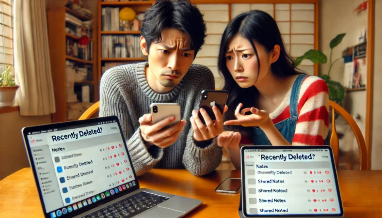 日本人の男女が、iPhoneの「最近削除した項目」が表示されない原因を確認している様子。iCloudのノート画面もPCに表示されている