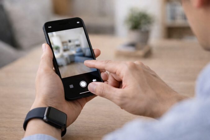 iPhone単体でカメラ映像が映るか確認し、インカメラとアウトカメラを切り替えて原因を切り分ける様子