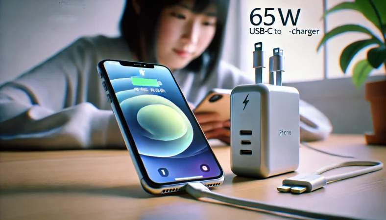 日本人ユーザーがiPhoneを65W USB-C充電器で安全に充電しているデスク環境。通気性のある場所でケースを外し、適切なケーブルを使って安心感のある充電シーン。