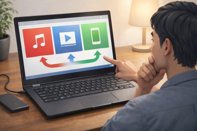 Windows環境で音楽・動画・端末管理が別アプリに分担されるイメージ図