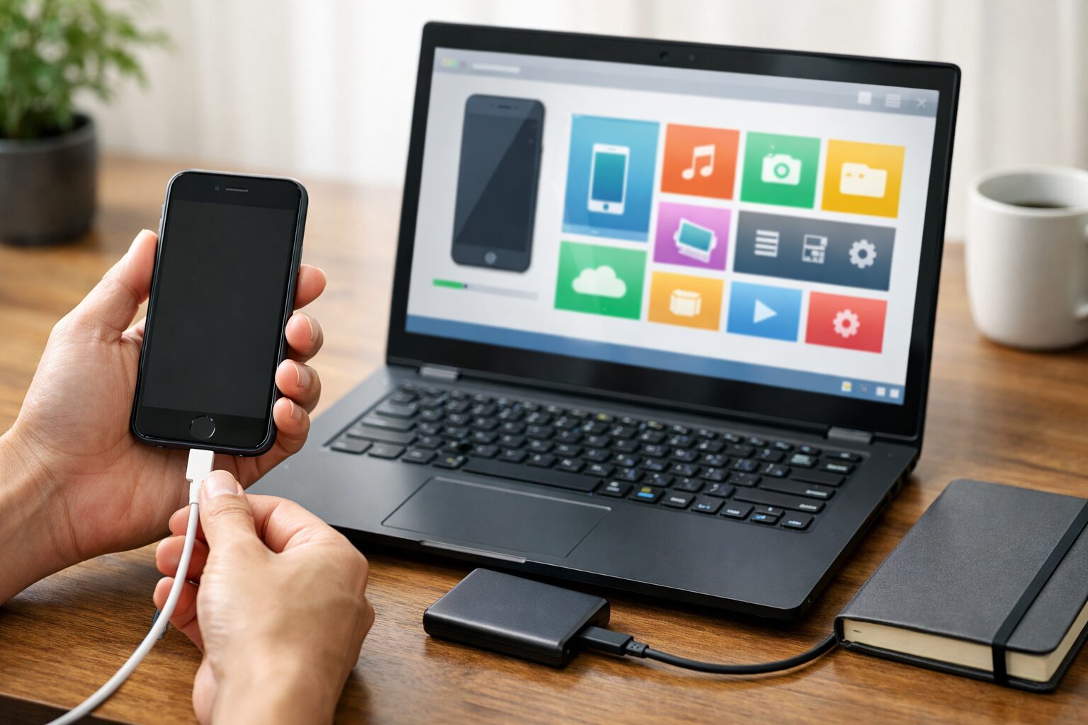 WindowsパソコンにiPhoneをUSB接続し、外付けSSDも用意して安全に移行・対処する様子