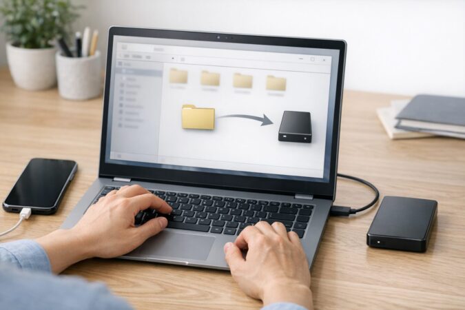 WindowsでiPhoneバックアップを外部ストレージへ移動しリンクで接続する手順イメージ