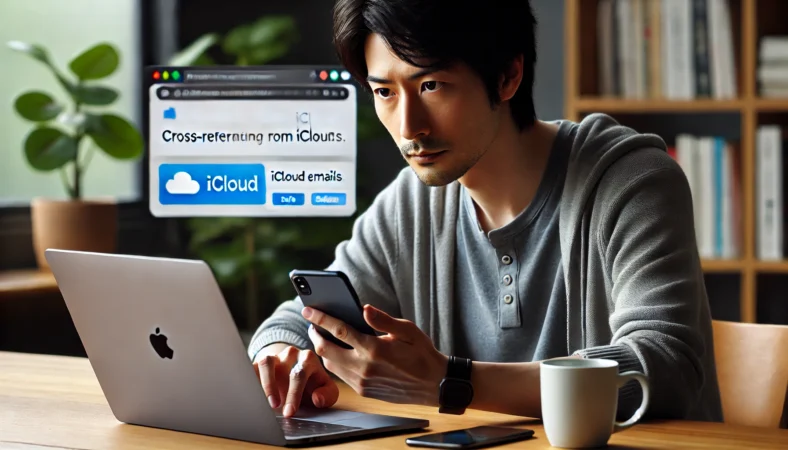 日本人男性がMacBookとiPhoneを使い、iCloudから届いたメールの内容をApple公式サイトと照らし合わせながら真偽を確認している様子。詐欺被害を避けるための安全な確認方法を表す。