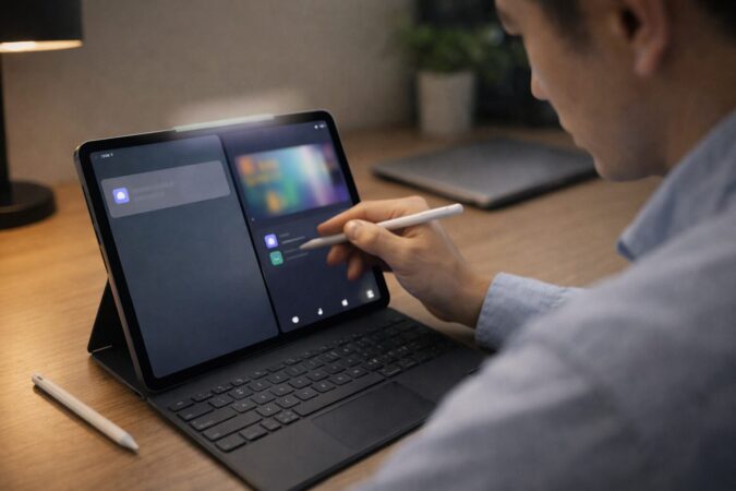 画面分割で作業中のiPadで通知バナーが流れて消え見逃しやすい状況を示すイメージ