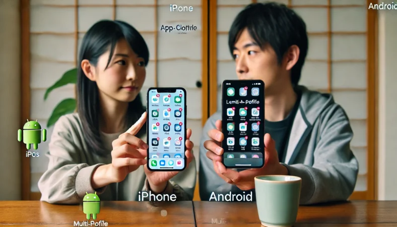 iPhoneとAndroidスマートフォンを比較しながらアプリ管理の違いを確認している日本人男女。iPhoneの制限とAndroidの柔軟な設定の差が視覚的に分かるシーン。