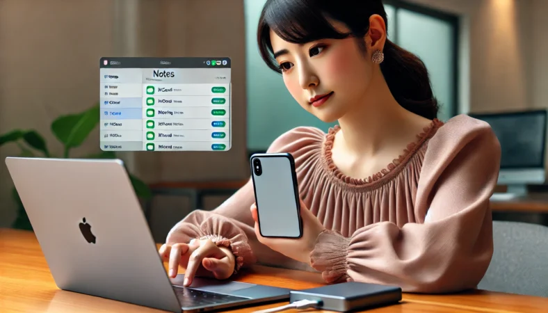 日本人女性がMacBookに接続した外付けSSDを使って、iPhoneメモをiCloudから本体へ移す作業を行っている様子。