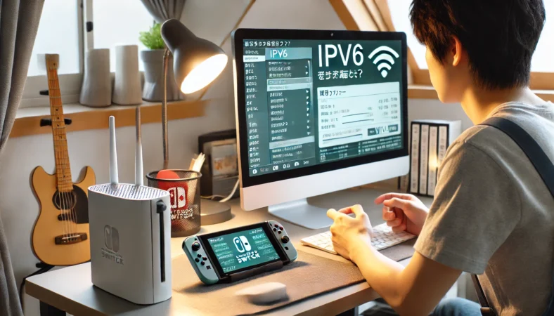 日本人ユーザーが自宅のデスクトップPCでIPv6設定を見直し、Switch2の通信トラブル解決を試みている。清潔なホームオフィス環境にWi-Fiルーターも見える。