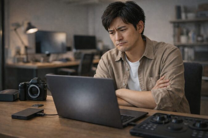 Office利用の追加費用や契約に注意する日本人会社員がノートPCと支払いを確認する場面