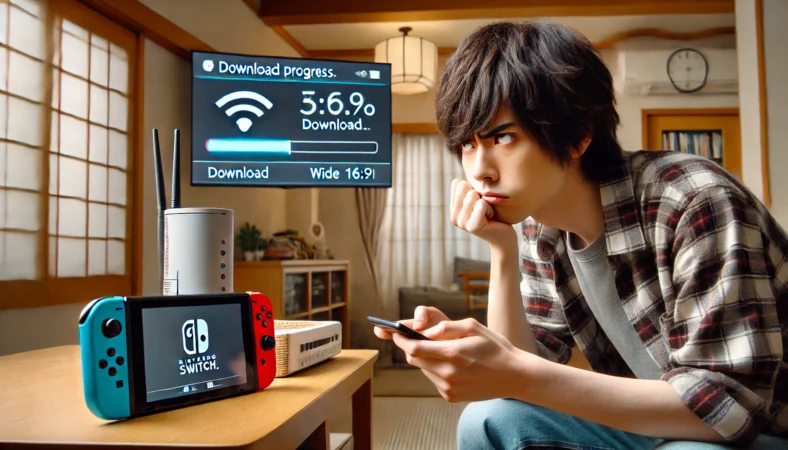 ダウンロードが遅くて困っている日本人ユーザーが、Switch2の画面とスマートフォンで回線状況を確認している場面。室内にはWi-Fiルーターも見える。