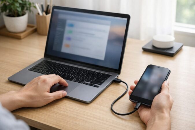 MacBookとiPhoneをケーブル接続し、Finder同期で音楽を転送する作業イメージ