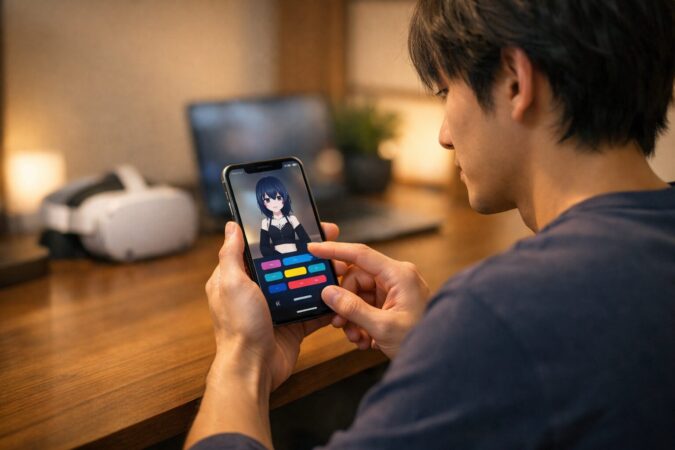 iPhoneでVRChatのiOS向け軽量アバターに切り替えて快適化する日本人ユーザーの操作イメージ