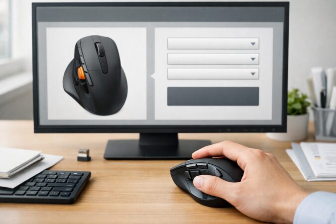 エレコムの多ボタンマウスをUSBレシーバー接続し、専用ソフトでサイドボタン機能を割り当てている操作イメージ