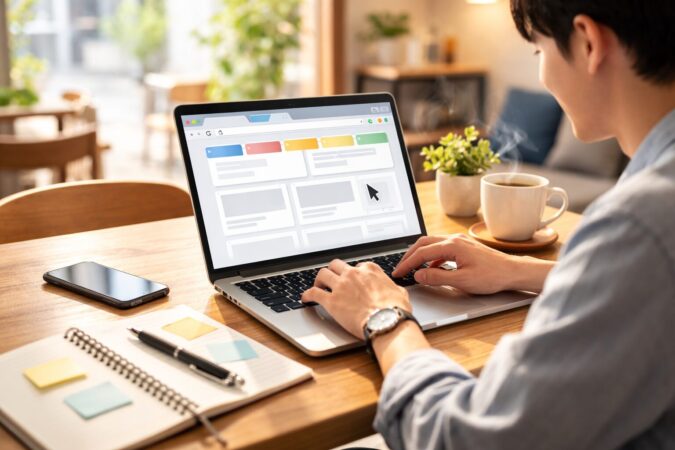 初心者がChromeを作業台としてタブを使い分けながら調べ物を進めるイメージ写真
