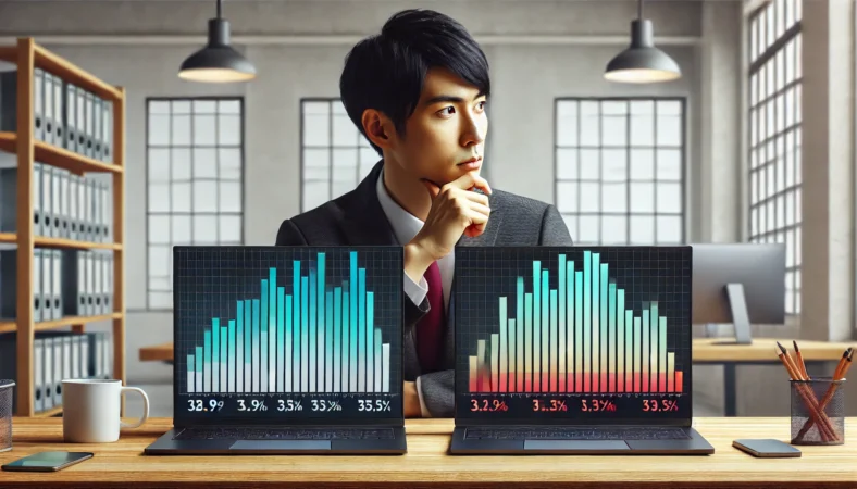 複数のウィンドウが浮かぶ中で作業する日本人男性。Chromeがマルチプロセスでメモリを活用する仕組みを表現したイメージ。