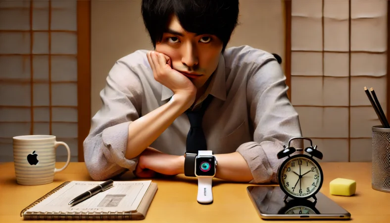 Apple Watchを着けた日本人男性が、無表情で腕時計を見つめる姿。周囲にデジタル機器はなく、生活にApple Watchが馴染んでいない様子が伝わる場面。