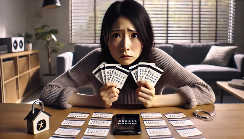 複数のメモを手に不安そうな表情を見せる日本人女性と、机に散らばるパスワード管理の紙片