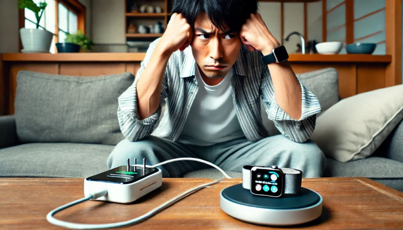 ソファに座り、Apple Watchの通知と充電切れにイライラしている日本人男性。近くに充電器があるが使われておらず、スマートウォッチの煩わしさが伝わる場面。