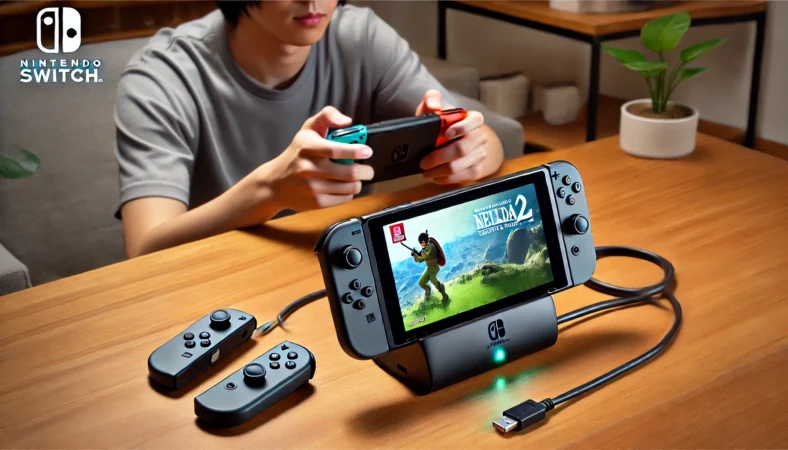任天堂Switch2の純正Joy-Con 2充電グリップにJoy-Conが取り付けられ、USB-Cケーブルで給電中の様子。日本人ユーザーがTVモードで快適にプレイしているシーン。