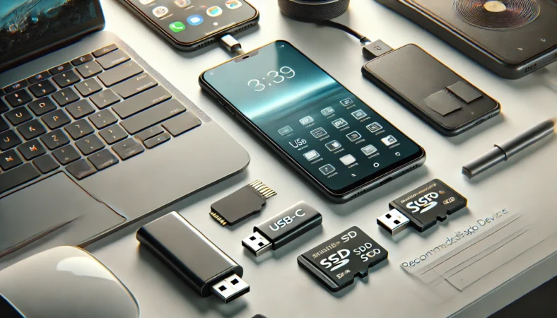 Androidスマートフォン用のおすすめバックアップデバイス3種類（USB-C対応USBメモリ、ポータブルSSD、microSDカード＋リーダー）が、清潔で明るいデスク上に整理されて並べられている様子。人やロゴ、テキストは含まれていない。