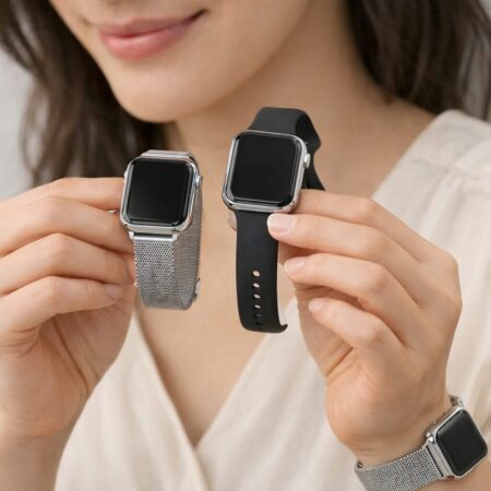 日本人女性が太いスポーツバンドと細めメッシュバンドを比較して細身を選ぶ手元のシーン