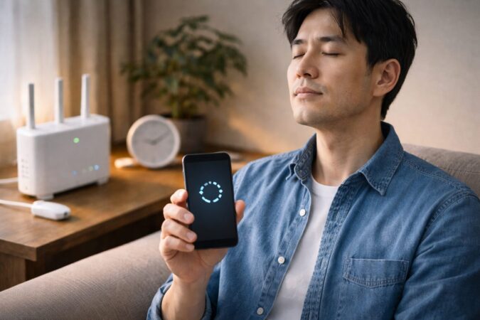 iCloudダウングレードでぐるぐる表示が終わらないときに、待機や通信改善を試す落ち着いた対処イメージ