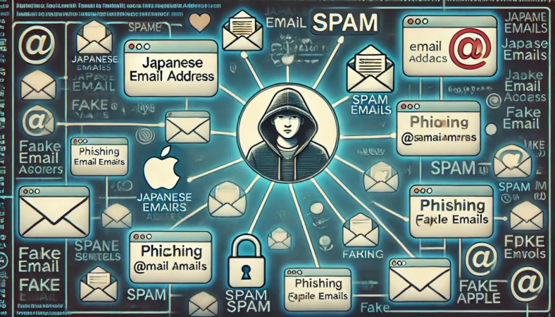 登録フォームからスパム送信者へ情報が流れる構図を示す、迷惑メールが増える仕組みを説明するためのネットワーク風イラスト。フィッシングメールの例も背景に表示。