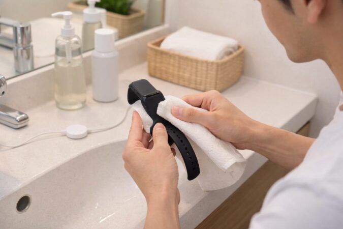 つけっぱなし運用の肌トラブルや衛生対策としてバンドを手入れする様子