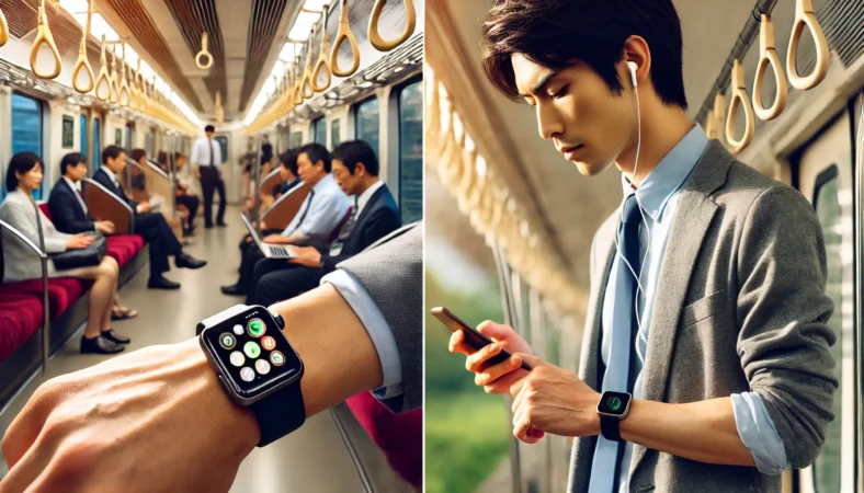 Apple Watchを活用している日本人男性が、満員電車で通知を確認したり、屋外でランニング中にフィットネスを記録したりしている様子。忙しい男性の生活における利便性が強調されている。